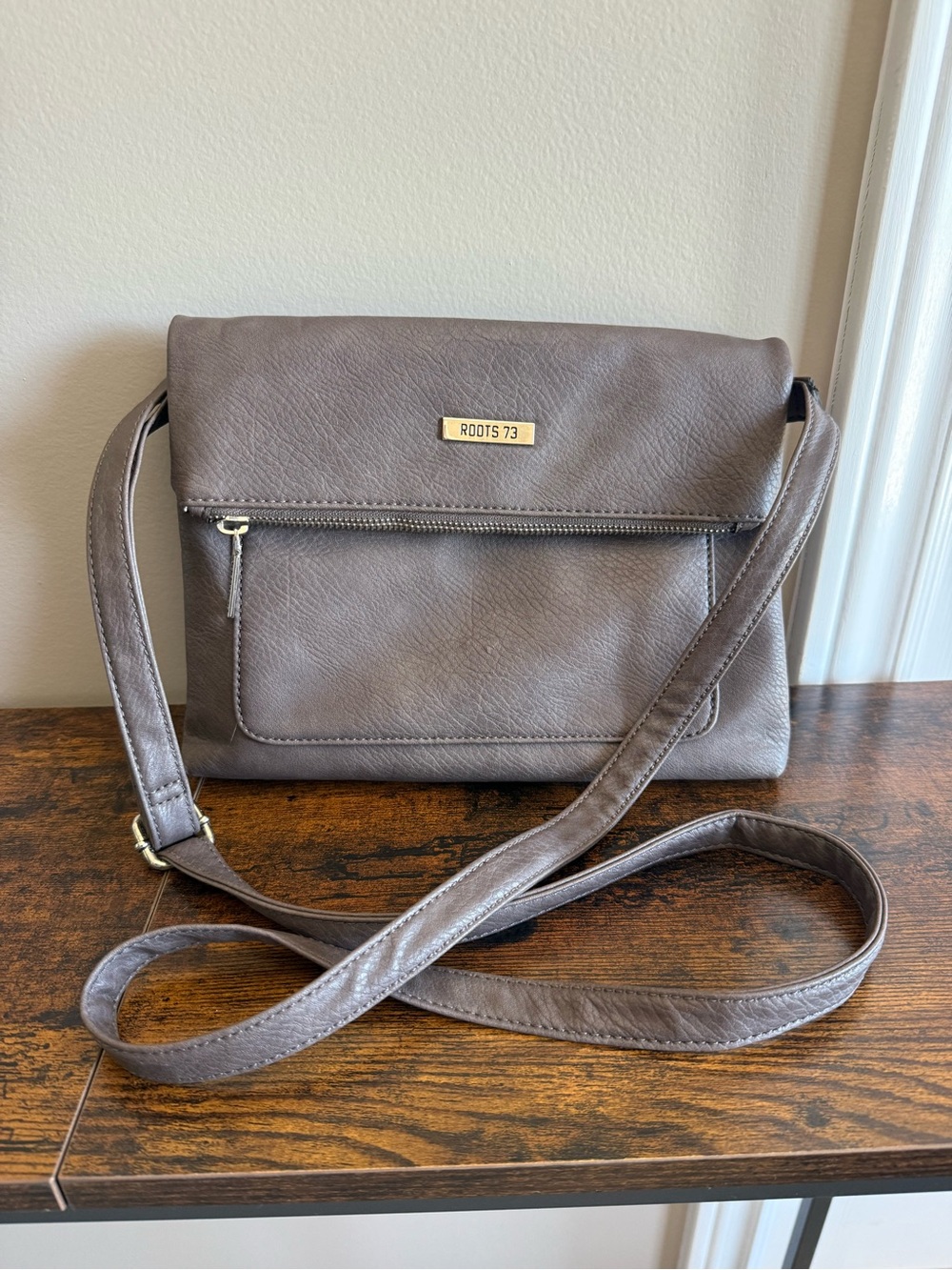 Roots 73 Gray Faux Leather Foldover Crossbody Bag Purse